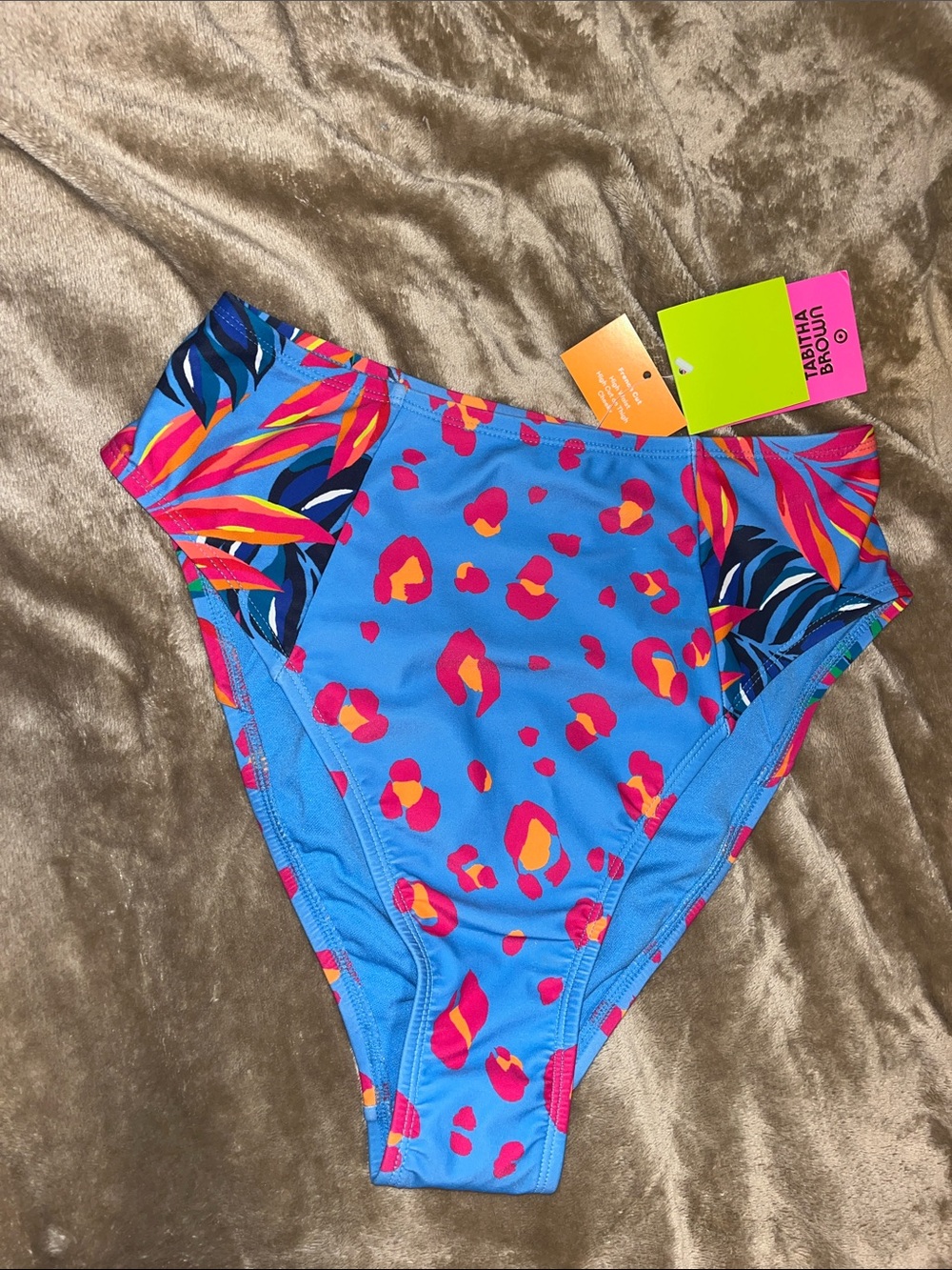 Tabitha Girls' Bright Blue Bikini Bottoms with Pink and Orange Leopard Print
